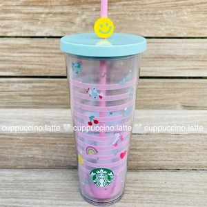 💗NEW🙂Starbucks 2022 Pink Stripe Ombre Emoji Hearts Korea Valentine Tumbler
